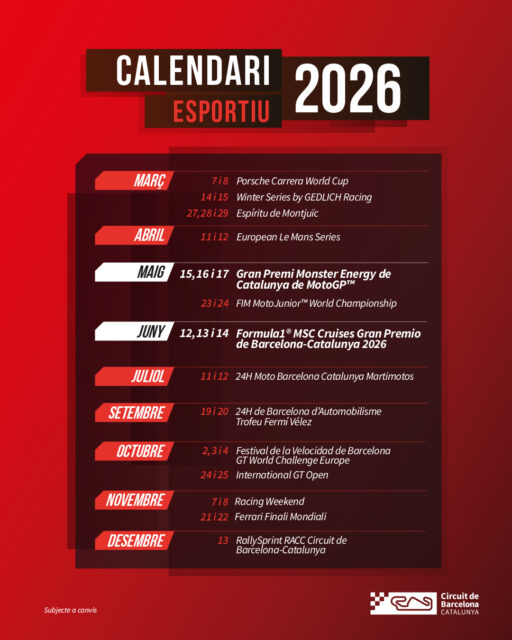 👋📅2️⃣0️⃣2️⃣6️⃣
1⃣4⃣ cites i 2⃣ grans novetats!! 🎉🎉
1⃣4⃣ citas y 2⃣ grandes novedades!! 🎉🎉
1️⃣4️⃣ events and 2️⃣ great additions! 🎉🎉
📅 Us presentem el calendari esportiu de 2026 amb els Grans Premis de #MotoGP (maig) i #F1 (juny) com a plats forts i les novetats de la Ferrari Finali Mondiali i la Porsche Carrera World Cup! 🤩
📅 Os presentamos el calendario deportivo de 2026 con los Grandes Premios de #MotoGP (mayo) y #F1 (junio) como platos fuertes y las novedades de la Ferrari Finali Mondiali y la Porsche Carrera World Cup! 🤩
📅 Introducing the 2026 race calendar which features the #MotoGP Grand Prix (May) and the #F1 Grand Prix (June) as the major events and the additions of the Ferrari Finali Mondiali and the Porsche Carrera World Cup! 🤩
🗣️ Comparteix amb nosaltres els teus esdeveniments preferits! 🤗
🗣️ Comparte con nosotros tus eventos favoritos! 🤗
🗣️ Let us know your favourite events! 🤗
