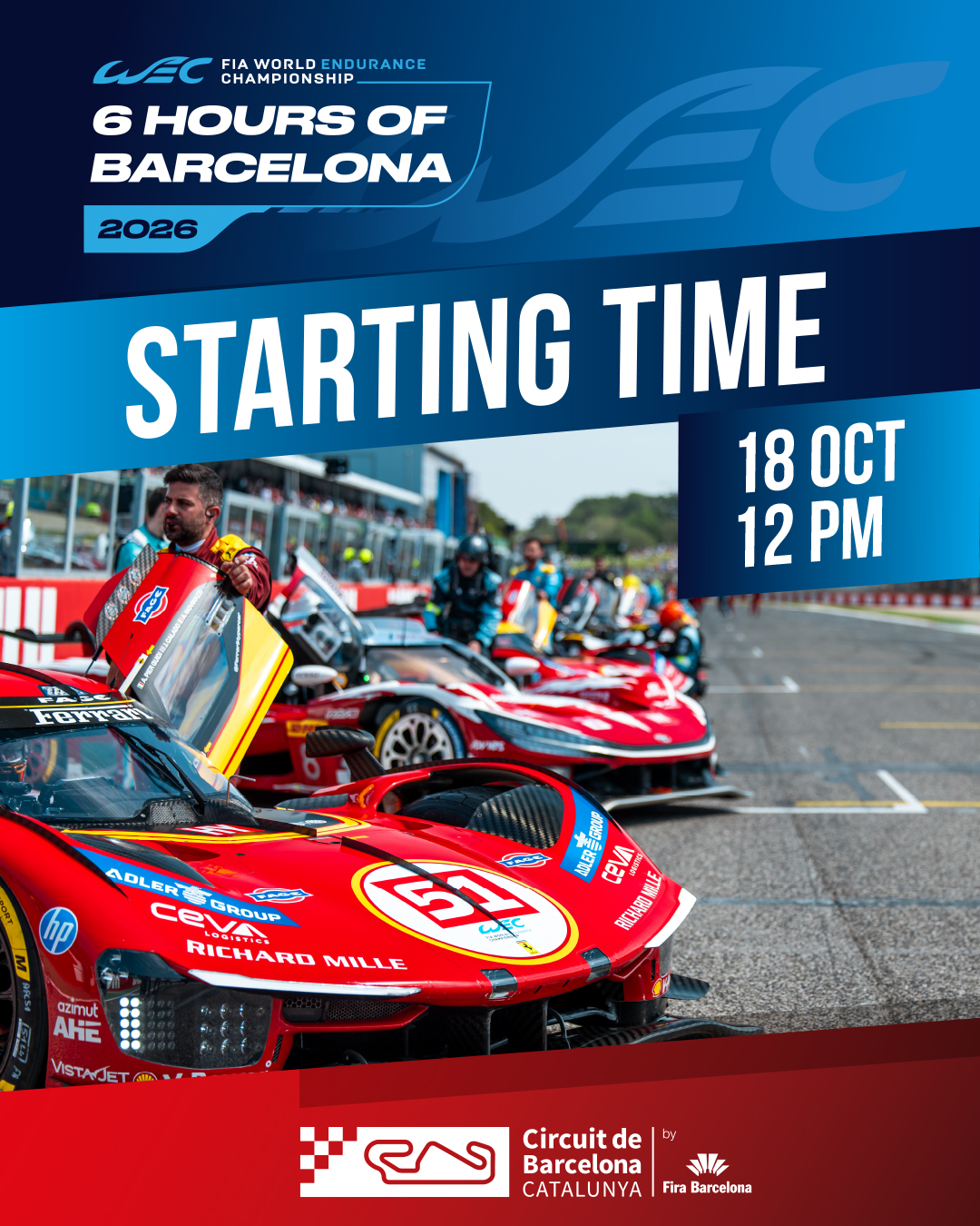 ⌚ 12PM // 18 OCT #6HBarcelona 

😁 Ja era hora!!! Les primeres 6 Hores de Barcelona arrencaran al migdia del diumenge 18 d'octubre i el rellotge no s'aturarà fins a les 18h! 🙌

Ya era hora! Las primeras 6 Horas de Barcelona arrancarán al mediodía del domingo 18 de octubre y el reloj no se detendrá hasta las 18:00h. 🙌

About time! The inaugural 6 Hours of Barcelona will get underway at midday on Sunday, October 18, and the clock won't stop until 6pm! 🙌

🔜 Durant el matí de diumenge hi haurà més activitats, estigueu atents! 👀
Durante la mañana del domingo habrá más actividades, estad atentos! 👀
There will be more activities taking place throughout Sunday morning, so stay tuned! 👀

🎟️ No te les pots perdre, entrades al nostre web i a les Stories!
🎟️ No te las puedes perder! Entradas disponibles en nuestra web y en las Stoties.
🎟️ You can't miss it! Tickets available on our website and at Stoties.

#WEC