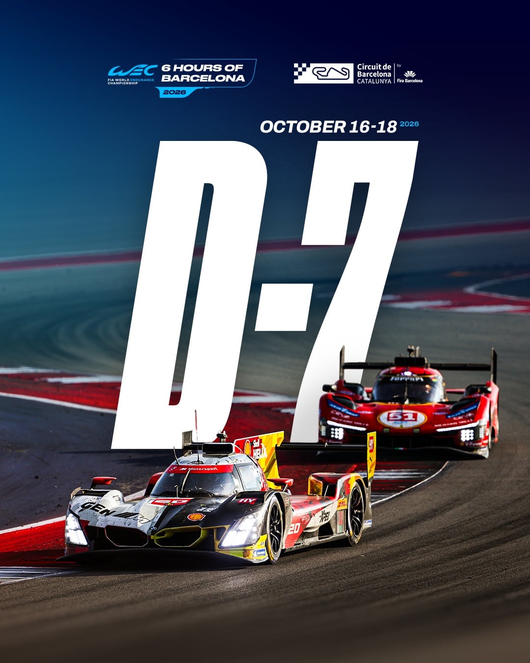 ⌛⏳⌛⏳⌛⏳ 𝑫 - 7⃣ 

Ens veiem mooooolt aviat, @fiawec_official!!!
Nos vemos pronto!!!! See you sooooooon!!!

#6HBarcelona #WEC

🎟️ Viu-lo en directe!!
🎟️ Vívelo en directo!!
🎟️ Feel it live!!