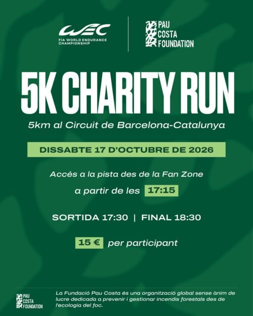 𝑪𝑯𝑨𝑹𝑰𝑻𝒀 𝑹𝑼𝑵 #6HBarcelona 🏃

🤗 Les 6 Hores de Barcelona del @fiawec_official seran també solidàries amb la cursa de 5K que farem aquest dissabte a la tarda a la pista del Circuit. 

Las 6 Horas de Barcelona del @fiawec_official también serán solidarias con la carrera de 5K que celebraremos este sábado por la tarde en la pista del Circuit. 

The 6 Hours of Barcelona will also have a charitable side, with a 5K run taking place on the Circuit track this Saturday afternoon.

🧑‍🚒 Apunta't i col·labora amb la fundació @paucostafoundation, dedicada a la prevenció d'incendis forestals des de l'ecologia del foc.

Apúntate y colabora con la fundación @paucostafoundation, dedicada a la prevención de incendios forestales desde la ecología del fuego. 

Sign up and support the @paucostafoundation, dedicated to promote wildfire risk management from the perspective of fire ecology. 

☺️ Pots participar-hi sense necessitat de tenir entrada general de dissabte o cap de setmana! 

Puedes participar sin necesidad de tener entrada general de sábado o de fin de semana. 

You can take part without needing a Saturday or weekend general admission ticket.

🎟️ Link a les entrades, a les nostres Stories! 👆
🎟️ Enlace a las entradas en nuestras Stories! 👆
🎟️ Ticket link in our Stories! 👆

#WEC